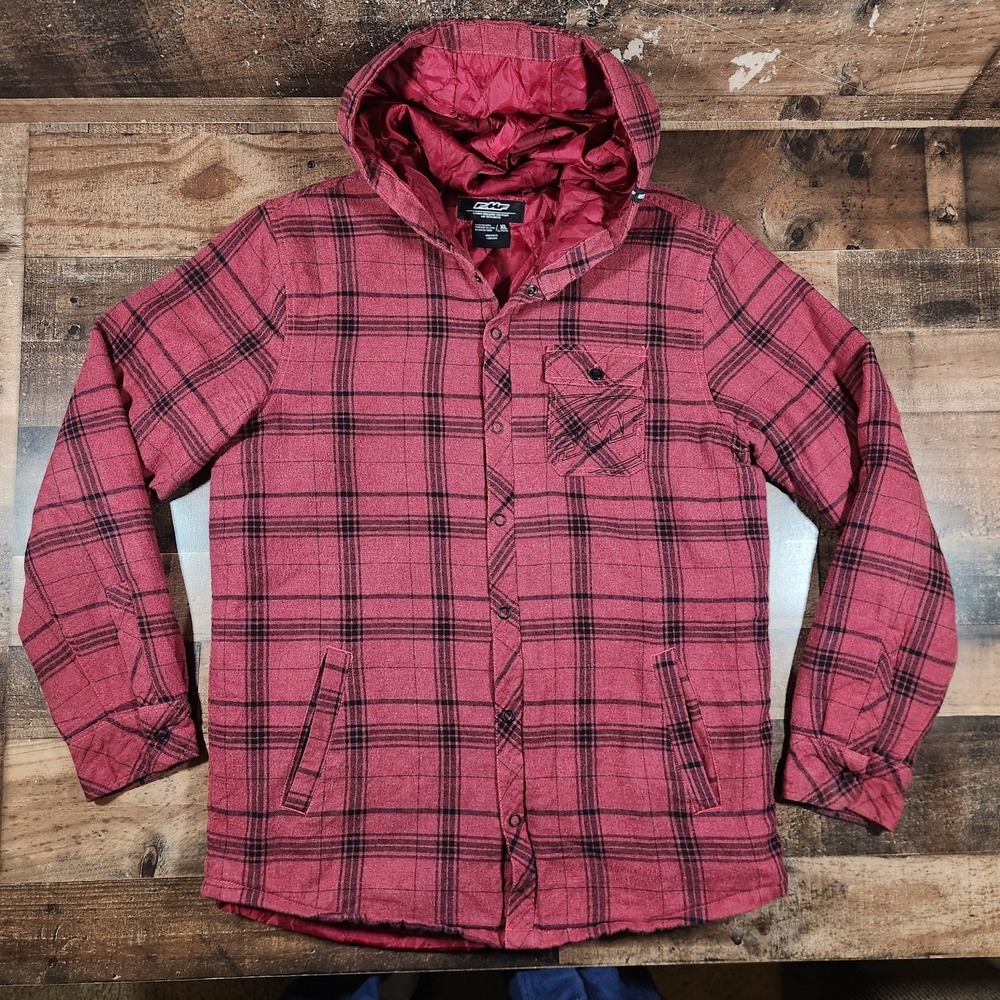 Vintage FMF Racing Jacket Mens XL Red Flannel Plaid Y2K Moto Hooded Coat Quilted - Picture 4 of 16